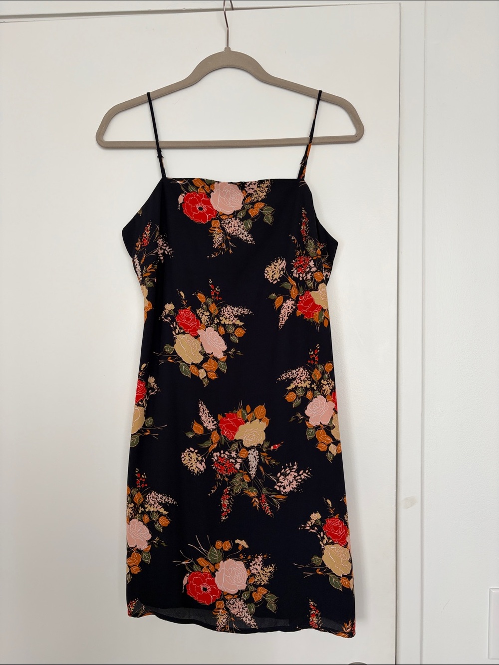 Floral Mini Dress with Spaghetti Straps - Navy with Pink & Red Blooms